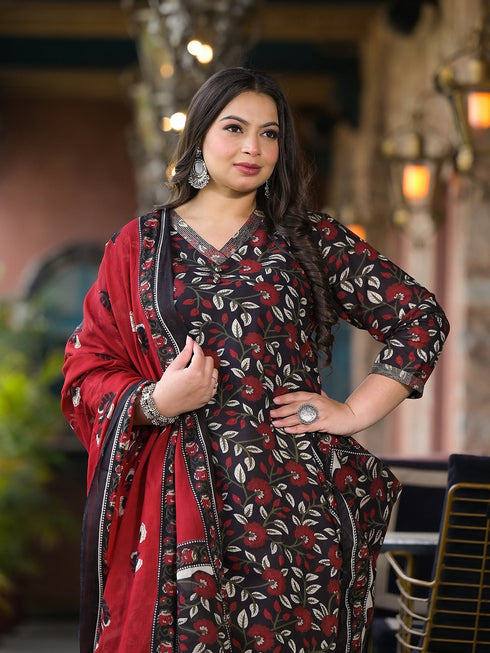 Women Plus Size Black Pure Cotton Kurta Set With Dupatta